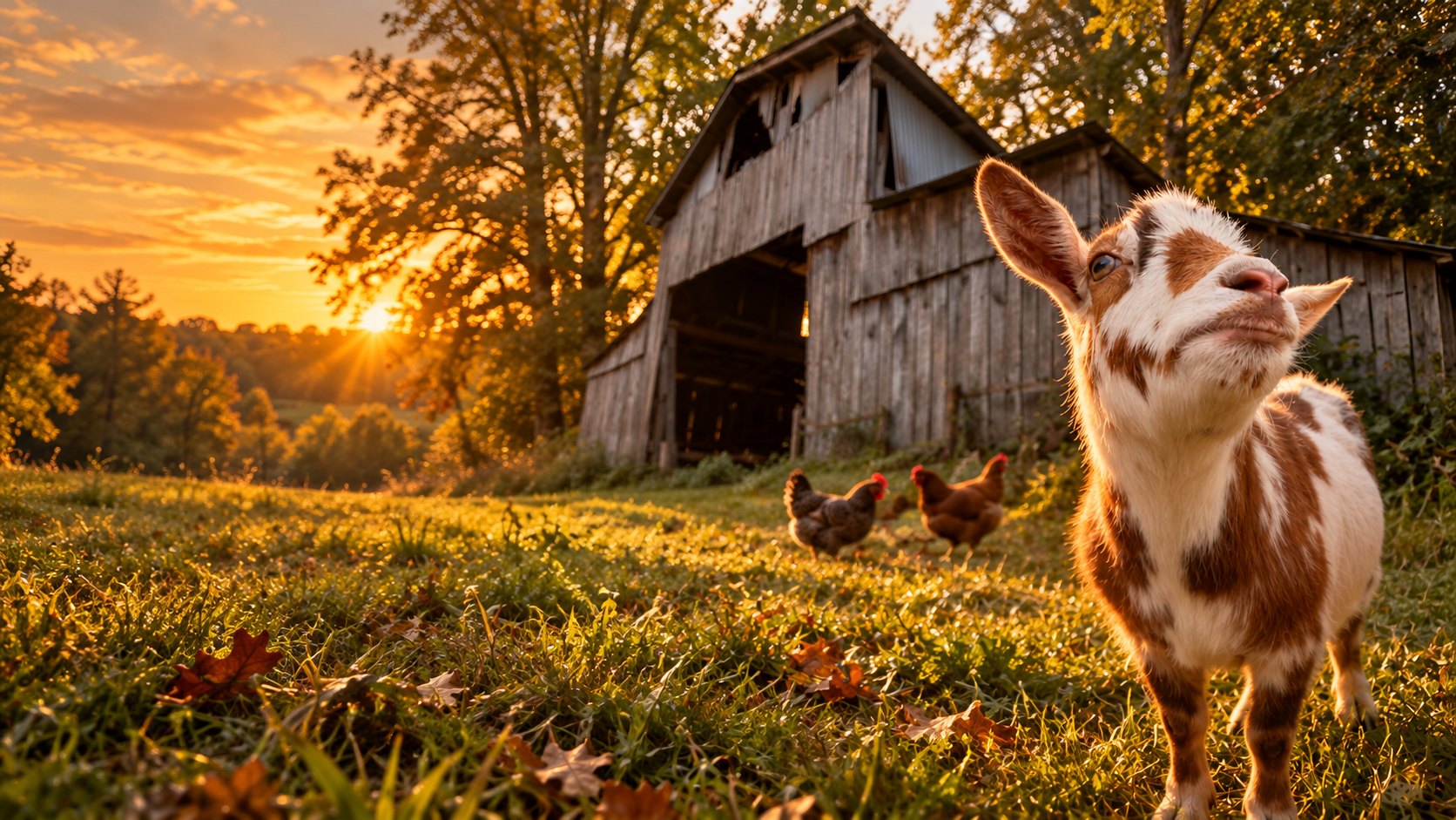 Cevin, our brown-and-white goat mascot, in front of our weathered barn in a sunset hero composite.